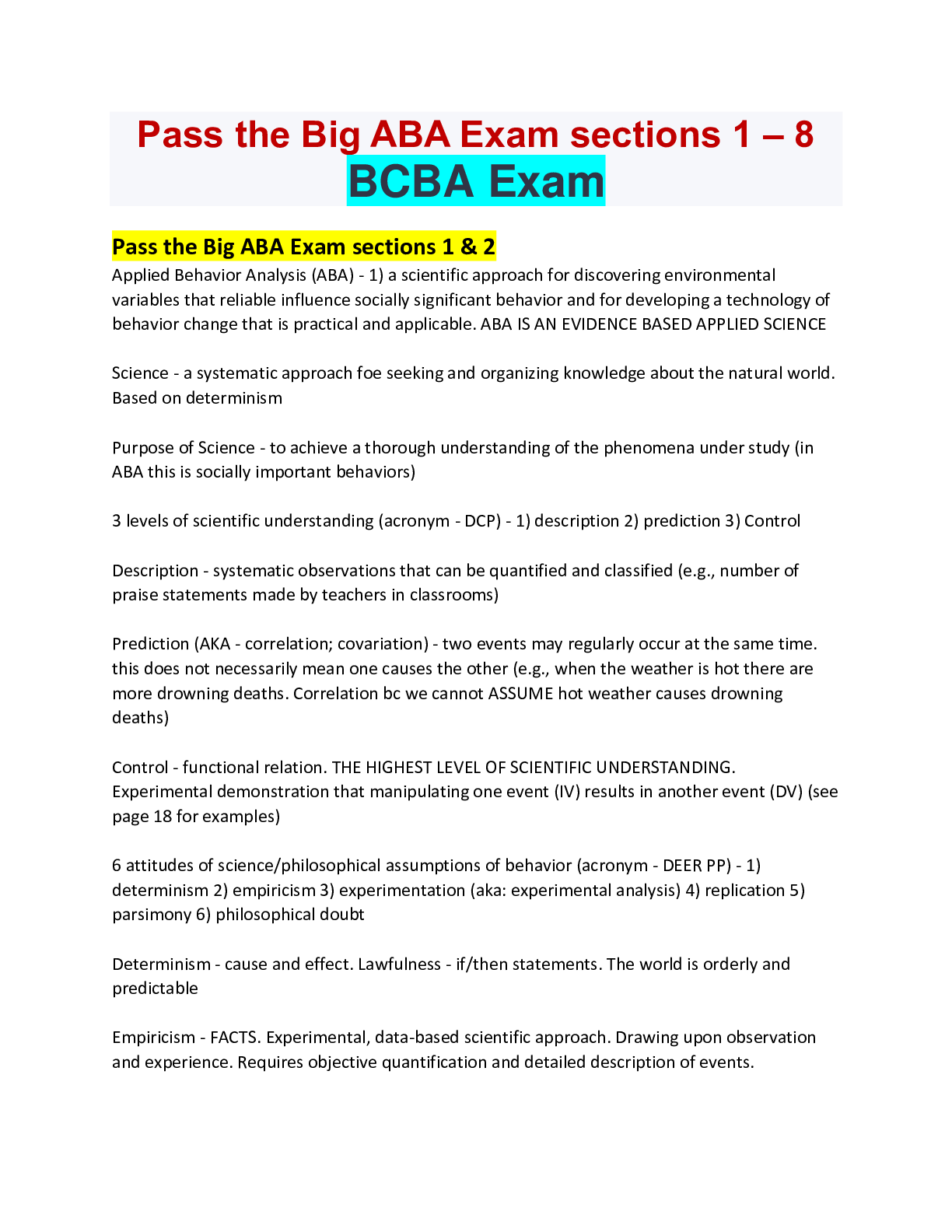 Preview of Pass the Big ABA Exam sections 1 to 8 Complete BCBA Exam Distinction level guide, Fall  .